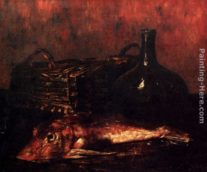 Antoine Vollon A Still Life With A Fish, A Bottle And A Wicker Basket